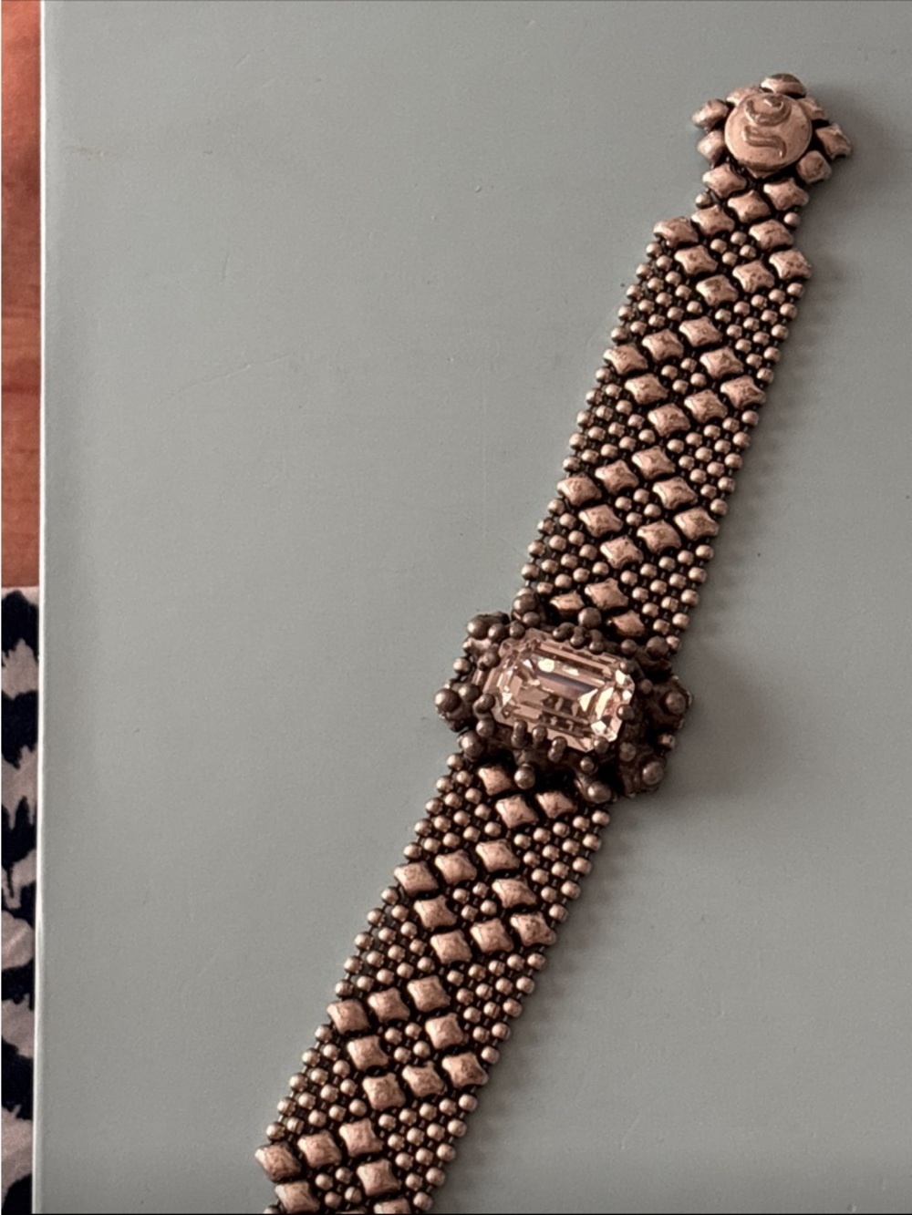 Embellished Metallic Statement Bracelet with Clear Center Stone
